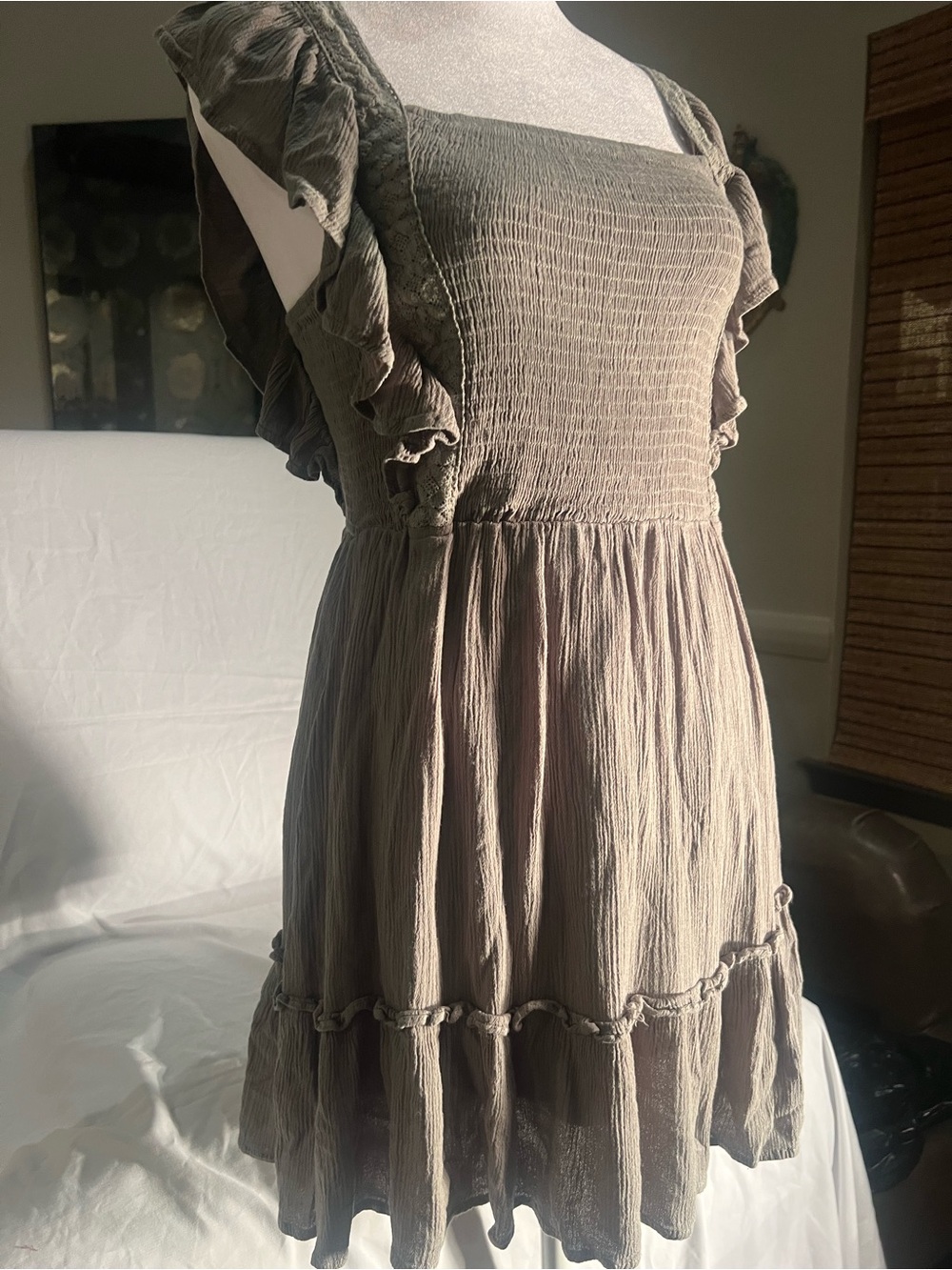 Illa Illa Cottagecore Olive Smocked Ruffle Mini Dress M